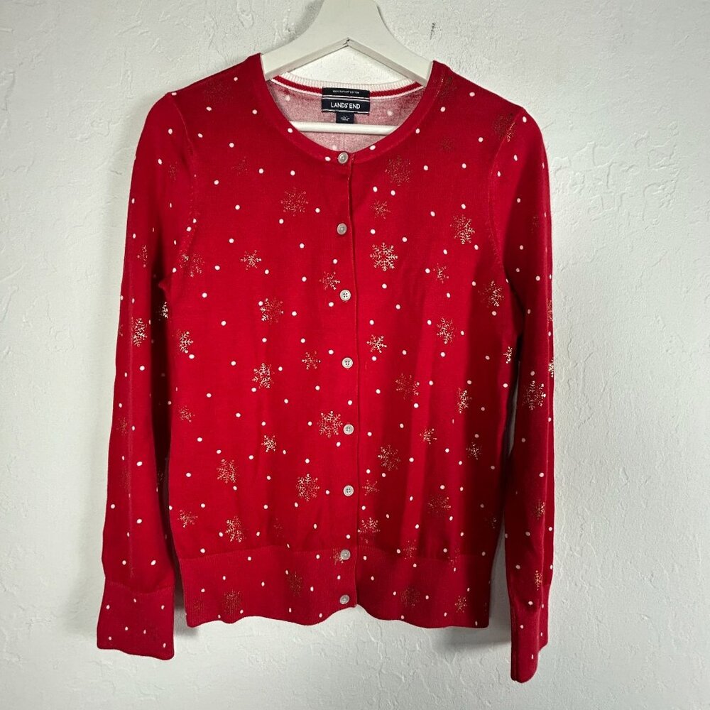 Lands' End Womens XS Red Supima Cotton Snowflake Christmas Cardigan Sweater New
